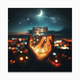 Hand Holding A Glass Jar With Lights Canvas Print