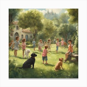 Children, cats and dogs playing Canvas Print