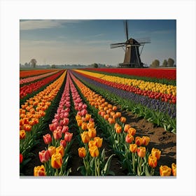 A Vibrant Tulip Field In The Netherlands With Rows Of Colorful Flowers And A Windmill In The Background 2 Canvas Print