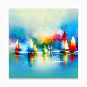 Sea Sailboats At Sunset Artwork Painting Square Canvas Print