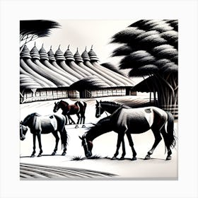 Horses In A Village Canvas Print