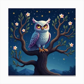 A Mystical Owl Perched On A Tree Of Glowing Flowers, Under A Starry Night Sky Canvas Print