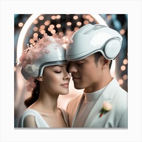 Bride And Groom In Futuristic Helmets Canvas Print