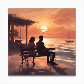 Sunset Couple Sitting On Bench Canvas Print