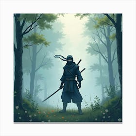 Ninja Fighter In A Misty Forest With Watercolor Background 1 Canvas Print