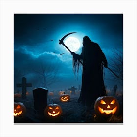 Reaper Silhouette Scythe Raised Against A Backdrop Of A Full Moon On Halloween Night With Wisps O (4) Canvas Print