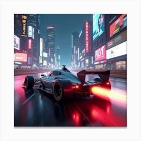 Futuristic Formula Car Blazing Past Digital Billboards In A Futuristic Neon City 1 Canvas Print