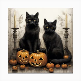 Two Black Cats With Pumpkins Canvas Print