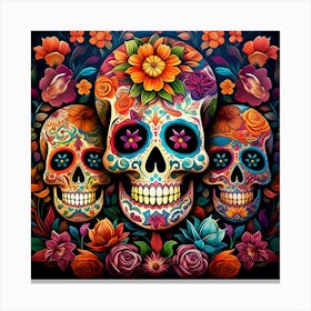 Maraclemente Many Sugar Skulls Colorful Flowers Vibrant Colors 13 Canvas Print