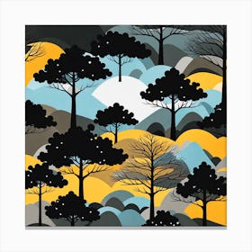 Black And Yellow Forest, Forest, sunset,   Forest bathed in the warm glow of the setting sun, forest sunset illustration, forest at sunset, sunset forest vector art, sunset, forest painting,dark forest, landscape painting, nature vector art, Forest Sunset art, trees, pines, spruces, and firs, black, blue and yellow, trees Canvas Print