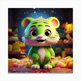 Firefly 3d, Animated, Cute, Little, Happy, Green, Tiger, Yellow Eyes, Candy, Store, Whimsical, Playf (3) 1 Canvas Print