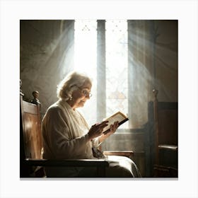 An Elderly Woman Of Faith Dressed In A White Cardigan Is Absorbed In Reading The Holy Bible Her H (1) Canvas Print