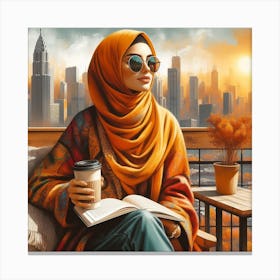 City Skyline: A Realistic and Colourful Painting of a Woman with Hijab and Sunglasses Canvas Print