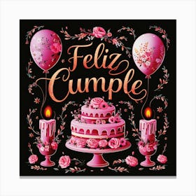 Feliz cumple and Feliz cumpleaños sign means Happy Birthday in Spanish language, Birthday party celebration gift with birthday cake candle colorful balloons best congratulation over light background wall artFeliz Cumple 38 Canvas Print