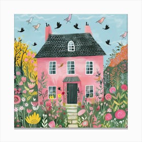 Pink House With Birds 1 Canvas Print