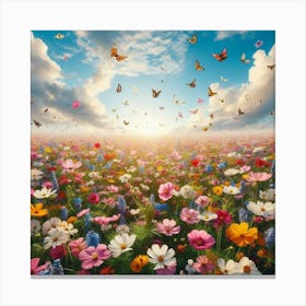 Colorful Flower Field With Butterflies 2 Canvas Print