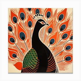 Retro Bird Lithograph Peacock 4 Canvas Print