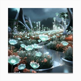 A Futuristic Garden Filled With An Array Of Bioluminescent Flowers In Shades Of Soft Pale Blue Mint Canvas Print