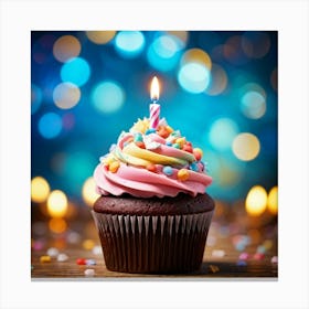 Birthday Celebration Cupcake Adorned With Vibrant Hued Frosting Single Candle Alight Casting A So (3) Canvas Print