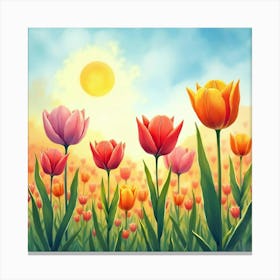 Colorful Tulips Dancing In A Watercolor Field Under A Sunny Sky Canvas Print