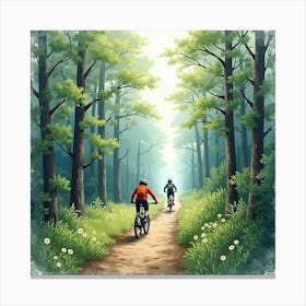 Mountain Bike Through A Misty Forest Trail Watercolor 1 Canvas Print