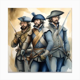 Three French Soldiers Monochromatic Watercolor Canvas Print