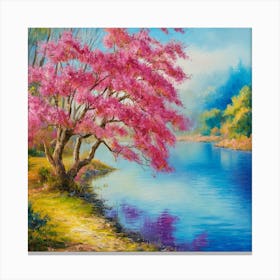 Pink Cherry Tree By The River Canvas Print