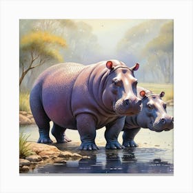 Vintage Hippopotamus by Water Watercolor Canvas Print