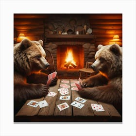Bears Playing Cards In A Cabin Canvas Print