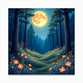 Celestial Moonlit Forest With Glowing Flowers, Watercolor 1 Canvas Print