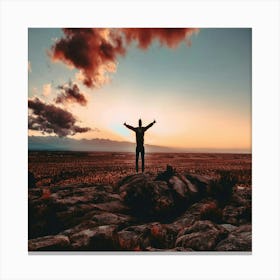 Man Standing On Top Of A Mountain Canvas Print