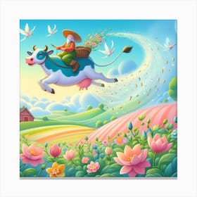Cow Flying In A Field,Inspired by Marc Chagall's floating 1 Canvas Print