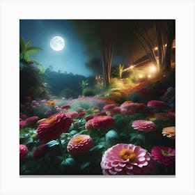 A Picture Of A Garden With Flowers Blooming At Night Under The Moon With The Camera Pointed Low Towards The Ground 1 Canvas Print