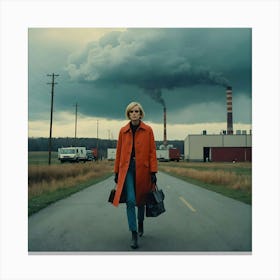 Woman Walking Down A Road Out The Factory Canvas Print
