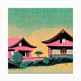 Retro Japanese Homes Square Canvas Print