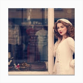 Young Lady Posing In Front Of A Shop Window Camera Lens Applying A Blurry Effect To The Background Canvas Print