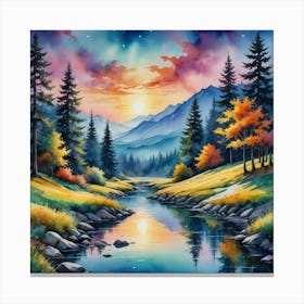 Illuminated Creeks in a Majestic Mountain Realm Sunset By The River Canvas Print