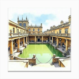 Watercolor Painting Of The Roman Baths In Bath, Featuring The Ancient Thermal Spa And Surrounding Architecture Canvas Print