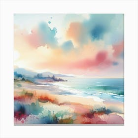 Watercolor Abstract: Dreamy Pastel Sky over Tranquil Beach. Canvas Print