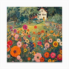 Flower Garden Landscape with House. Gustav Klimt Style Canvas Print