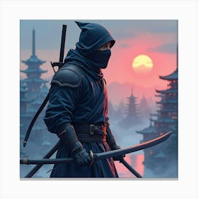 Ninja Fighter With A Watercolor Glowing Skyline 1 Canvas Print