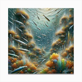 Sardines Swimming In A Surreal Underwater Garden, Style Digital Impressionism 2 Canvas Print