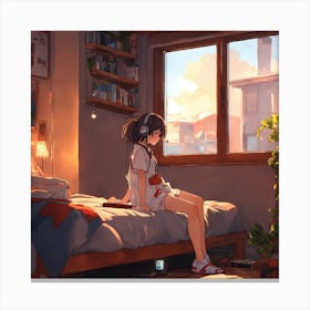 Anime Girl Sitting On Bed Canvas Print