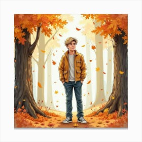 Watercolor Of Justin Bieber In A Forest, Surrounded By Falling Autumn Leaves Canvas Print