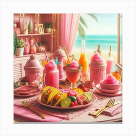 Pink Table At The Beach Canvas Print