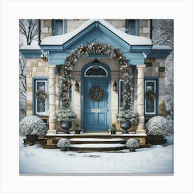 Blue House In The Snow Canvas Print