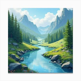 Mystical River Flowing Through A Magical Valley, Watercolor 1 Canvas Print