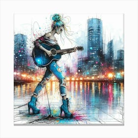 Neon City Woman With Acoustic Guitar Canvas Print