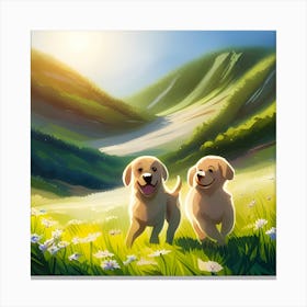 Two Golden Retrievers Running In The Field Canvas Print
