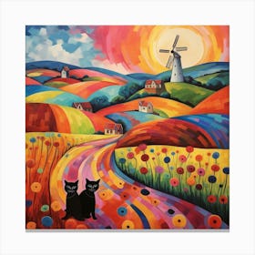 Two Cats Sat In The Rolling Fields In Front Of A Medieval Windmill Town Canvas Print